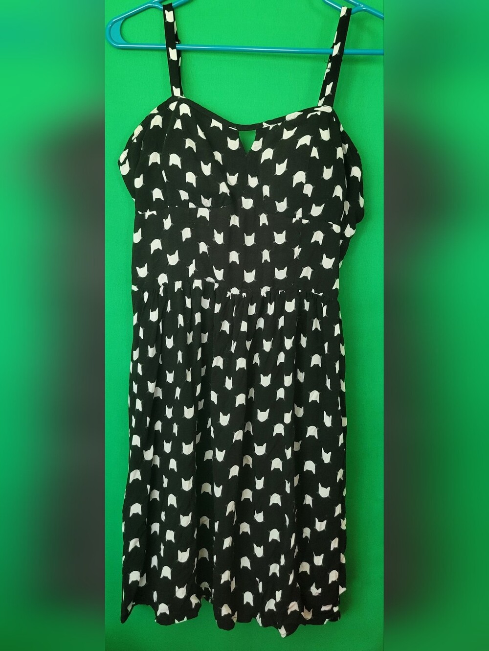 AUW Black Dress Divided White Cat-Head Print Mini Sz XL Keyhole Adjustable Strap